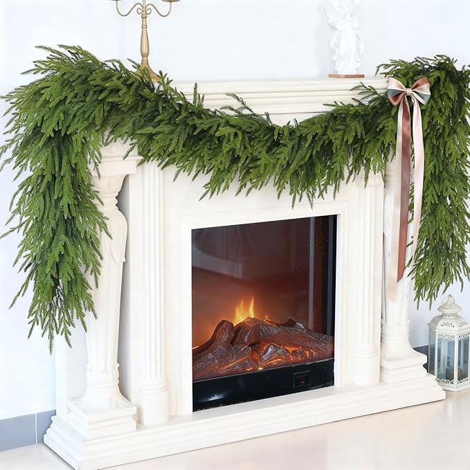 9FT Christmas Artificial Norfolk Pine Garland for Fireplace - Realistic Faux Greenery Fake Garland for Holiday,Table, Window,Mantel,Stairs, Home,Indoor Outdoor Decor (2PCS)