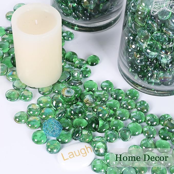 11LB Fire Glass Beads Flat Glass Marbles for Outdoor Fire Pit and Fireplace, Glass Gemstones for Vase Filler, Aquariums, Hydroponics Plants, Home Decor and Christmas DIY Craft, Green