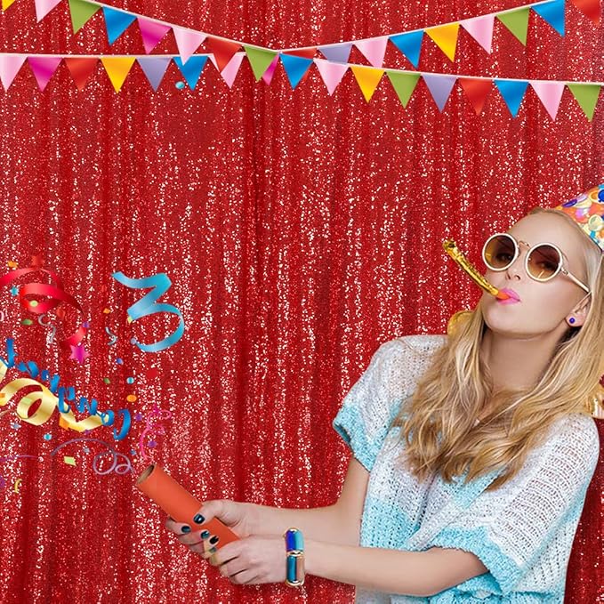 Poise3EHome 2Pcs 3Ft x 8Ft Red Sequin Backdrop Curtain for Birthday Party Baby Shower Wedding Christmas Thanksgiving Holiday Festival Decor