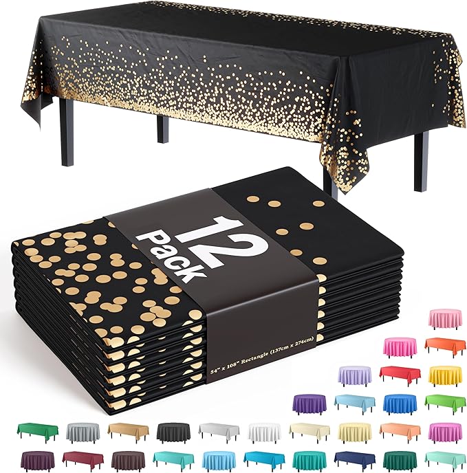 Party Solids White and Gold Tablecloth Pack Of 12 New Years Plastic Tablecloth Black and Gold Dot 54 Inch X 108 Inch Rectangle Table Cover Black and Gold Party Decorations