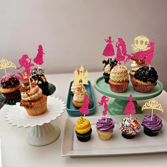 Gyufise 36Pcs Princess Cupcake Toppers Glitter Mermaid Girl Castle High Heel Crown Cupcake Picks Princess Theme Baby Shower Girls Birthday Party Cake Decorations Rose Red