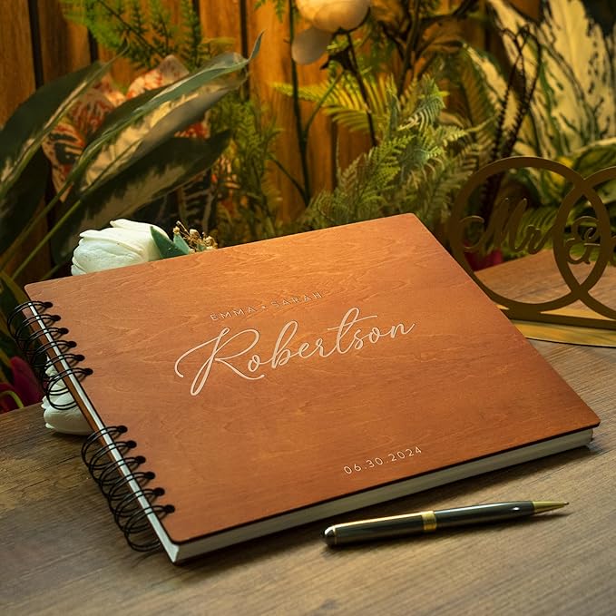 Personalized Wood Wedding Guest Book - 5 Colors/Finishings, 2 Sizes, 12 Designs - Wood Wedding Decorations, Guest Book Signs for Wedding Reception (DESIGN 4)