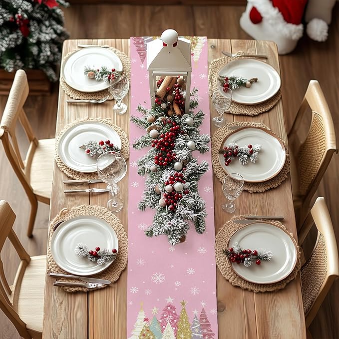 GEEORY Christmas Table Runner 13x90 Inch, Xmas Trees Snowflakes Holiday Decorative Farmhouse Table Decoration for Kitchen Dinning, Indoor Outdoor Dinner Party Decor (Pink) GT153-90
