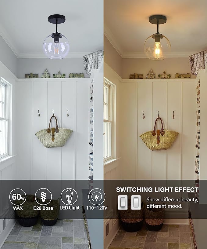 Black Semi Flush Mount Ceiling Light Fixture with Clear Glass Light Fixture Mid Century Light Fixtures Black Semi Flush Ceiling Light Fixtures for Dining Room Kitchen (Bulb Included)