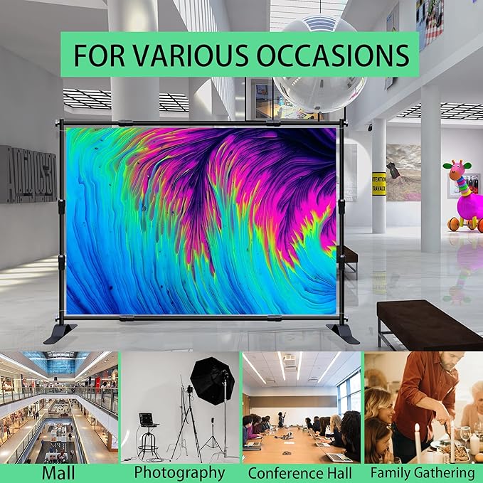 Photo Backdrop Banner Stand Kit, Heavy Duty 10 x 8 FT Adjustable Telescopic Tube Back Drop Display Stand, Step and Repeat Stand for Party Photography Trade Show Booth Background, with Clips