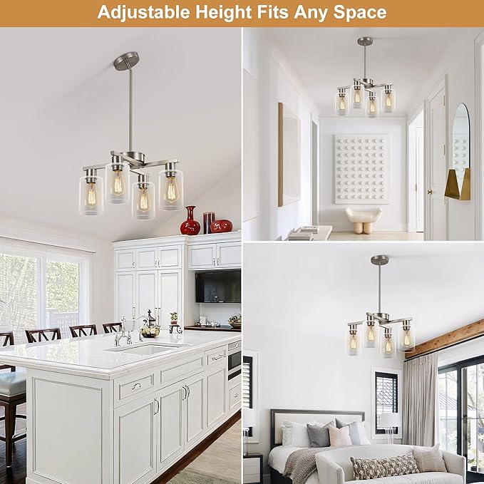 4-Light Modern Farmhouse Brushed Nickel Chandelier, Dining Room Light Fixture Over Table Adjustable Height Hanging Industrial Pendant Lights Kitchen Island, Clear Glass Shade