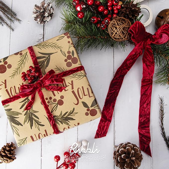 Ribbli Dark Red Velvet Ribbon 1 Inches Luxury Crinkled Red Christmas Ribbon for Gift Wrapping Crafts Home Decor-Continuous 10 Yard