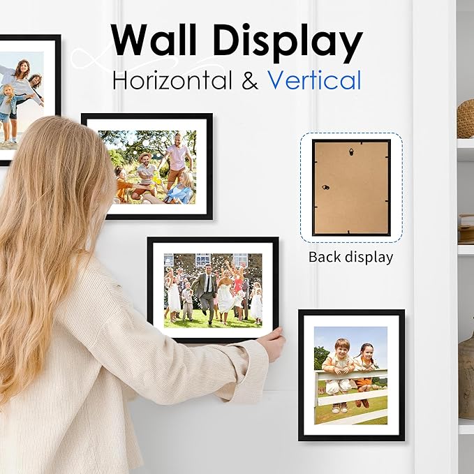 FIXSMITH 8.5x11 Picture Frame Set of 2, Photo Frame with HD Plexiglass, Display Pictures 6x8 with Mat or 8.5x11 Without Mat, Black Picture Frames Collage Wall Decor, Gallery Wall Frame