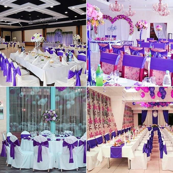 50 PCS Satin Chair Sashes Bows Decorative Universal Chair Cover Band Chair Ribbon Ties Back Sash for Wedding Party Ceremony Reception Hotel Events Birthday Banquet Restaurant Decor(7x108inch,Purple)