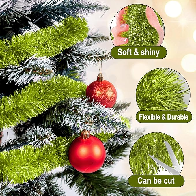 25 Feet Light Green Christmas Tinsel Garland, Metallic Foil Twist Garland Wall Hanging Tinsel Banner Backdrop for Parade Floats, Easter, Mother's Day, Birthday Party Decorations (4in x 25ft)