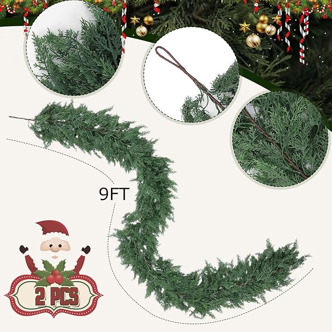 Hananona 9 FT Artificial Cedar Garlands, 2 Pcs Real Touch Winter Cedar Pine Garland, Green Artificial Greenery Garland for Table, Mantle, Wall, Indoor, Outdoor Christmas Decorations (2, 9 FT)