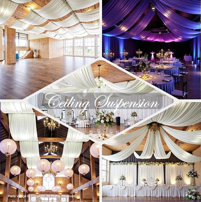 PartyVillage 10 Panels 5ftx30ft Ivory Ceiling Drapes for Wedding Parties – 30 FT Extra Long Thick Polyester Wrinkle-Free Drapery Tent Decor Decorations for Birthday Party Ceremony Stage Swag