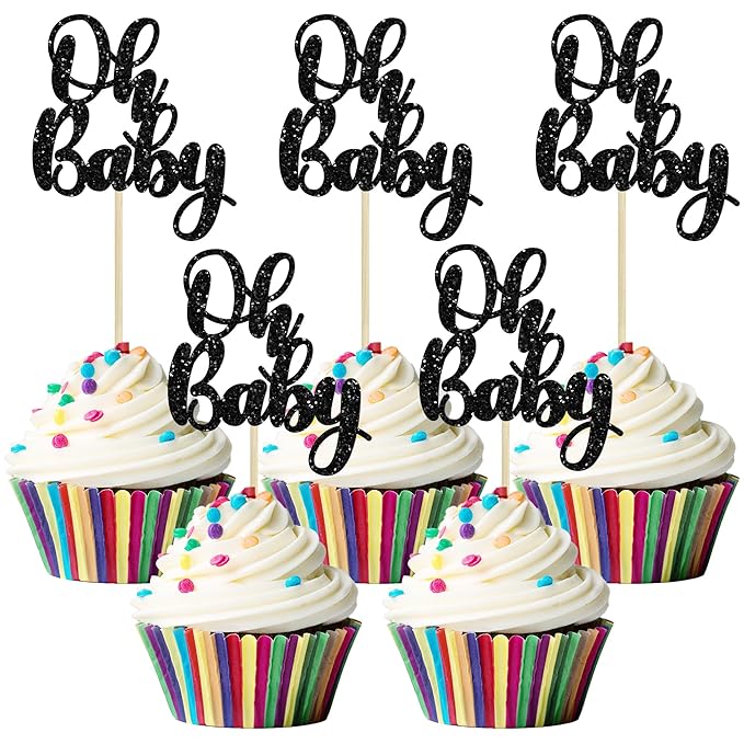 Gyufise 36Pcs Oh Baby Cupcake Toppers Glitter Baby Shower Cupcake Picks Oh Baby Cake Decorations for Gender Reveal Baby Shower Kids Boys Girls Birthday Party Supplies Black