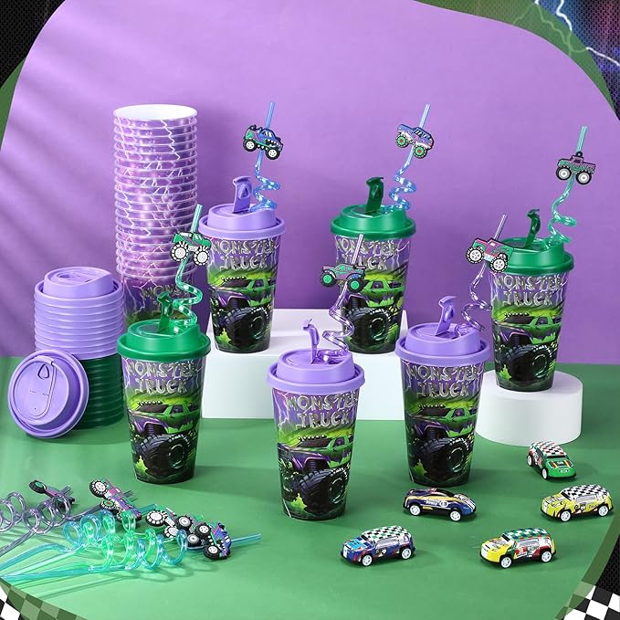 Yungyan 36 Sets Green Purple Monster Truck Party Favors Goodie Cups with Lids and Straws for Halloween Party Decorations Reusable 16oz Plastic Candy Cups Plastic Straws for Birthday Gift(Truck)