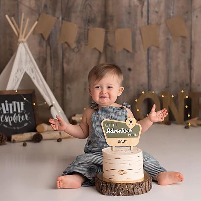 Let The Adventure Begin Baby Shower Cake Topper - Happy Camper Wooden Cake Topper,Natural Adventure Themed Decor,Baby Shower Decorations