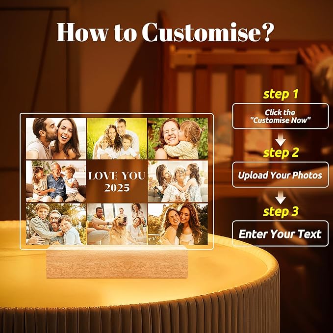 Custom Picture Frames with Photos, Personalized Photo Frame with Night Light, Customized Picture Frame, Personalized Birthday Photo Gifts for Women Men Mom Dad Grandma Grandpa Baby Kid Family Friends