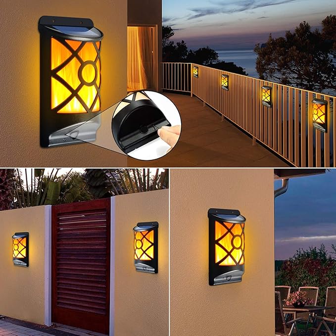 6 Pack Solar Flame Lights Outdoor Waterproof - Realistic 3D Flickering Flame Wall Lantern with 66 Ultra-Bright LEDs - Auto On/Off Fire Effect Lighting for Fence, Patio, Garden Decor