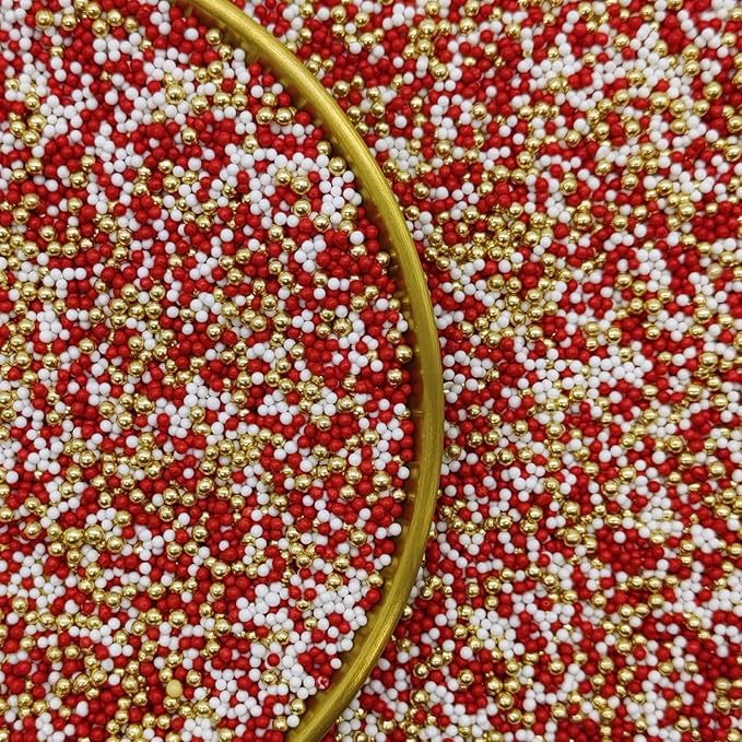 Edible Red & White & Super Gold Pearl Sugar Sprinkles Candy 2mm Mini Pearls Cake Decorations Cupcake Toppers Cookie Decorating Perfect for Wedding Party Valentine Halloween Christmas Supplies 3OZ
