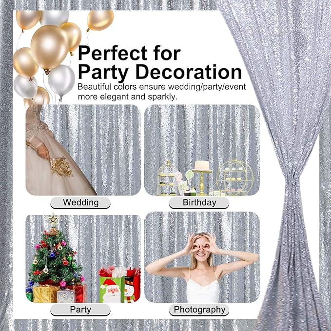 Silver Sequin Backdrop Curtains 4FTx8FT 2 Panels Sparkle Backgound Drapes Glitter Metal Backdrop Curtain for Weddings Showers Photophy Parties Birthday Christmas