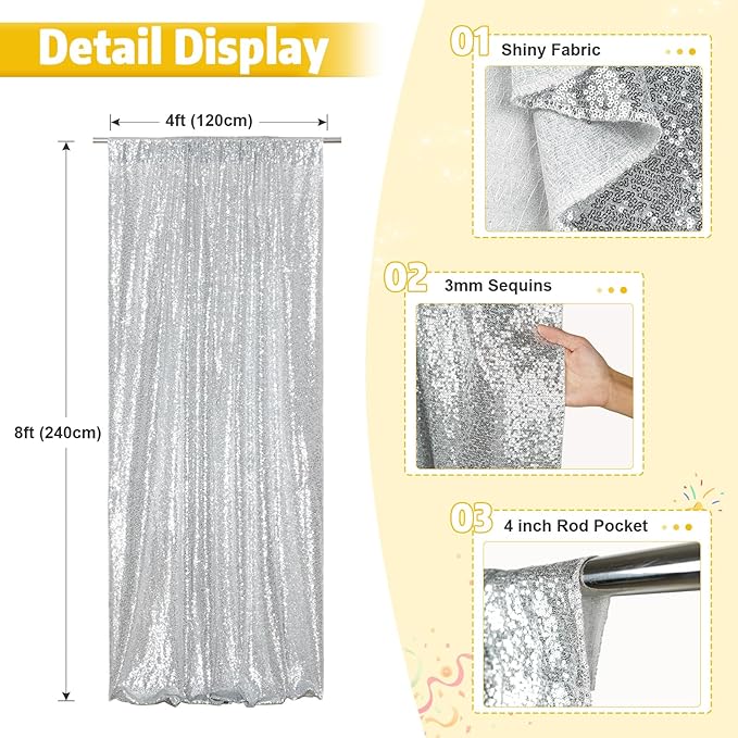 Poise3EHome 4x8ft Silver Sequin Backdrop, Upgrade Shimmer Backdrop for Wedding Christmas Decor, Party Photo Booths, and Event Decorations