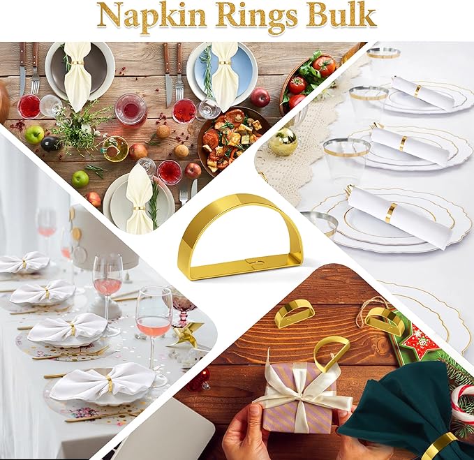 Gold Napkin Rings Set of 8, Iron Material Bright Gold Napkin Holder, Fall Thanksgiving Christmas Easter Napkins Rings for Daily Table Decor Wedding, Banquet, Party