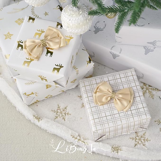Champagne Gold Ribbon Bow 4'' Premade Satin Bows, Gift Bows with Rhinestone, Wrapping Bow for Presents, Greeting Cards, Treat Bags, Wine Bottle, Valentines Bows for Gift Wrapping-12 Counts