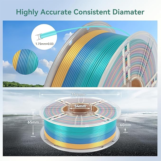 Kingroon Rainbow PLA 3D Printer Filament, 1.75mm, 10kg, Color Changing, ±0.03mm Accuracy