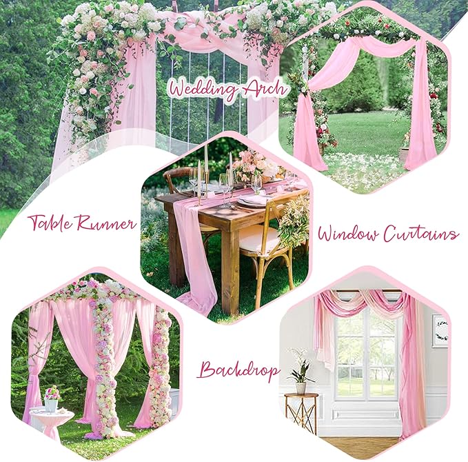 PARTISKY 10x7ft Pink Chiffon Backdrop Curtains, Wrinkle-Free Sheer Fabric Photo Drapes for Wedding Ceremony Arch Birthday Baby Shower Photography Stage Decor 5x7ft, 2 Panel