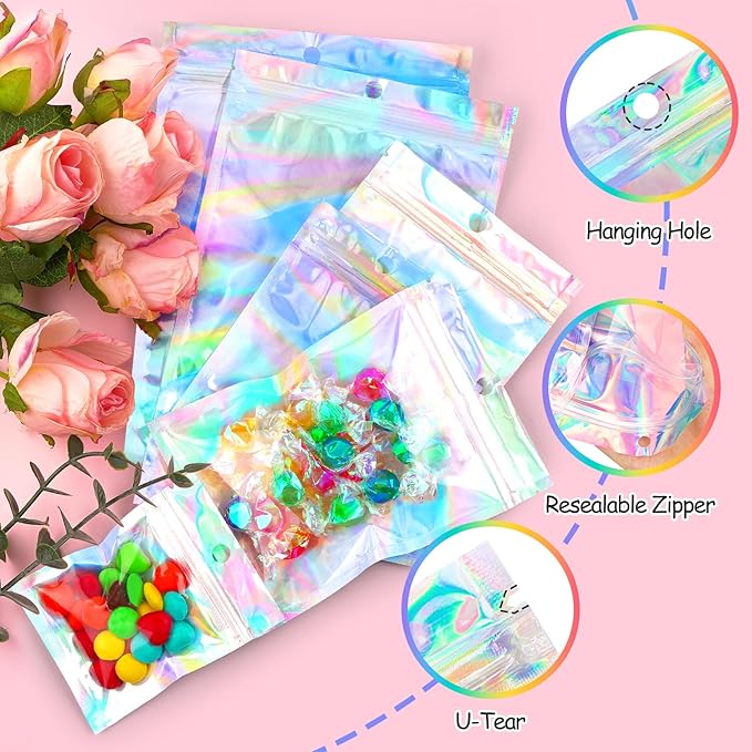 Funfery 100 Pack Smell Proof Holographic Bags Clear Window Resealable Bags,Mylar Foil Bag with Zipper,Sealing Pouch Packaging Bag for Food Storage,Candy,Party Favor Sample Business Supplies(3x4.7in