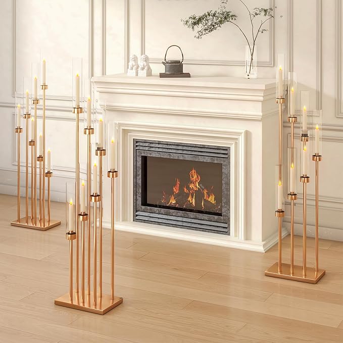 46.5'' Floor Candelabra 7 Arms Floor Candle Holders for Wedding Gold Candle Sticks Holder Decor Metal Candlestick Set with Acrylic Lampshades for Home Party (7 arm Square 46.5in)