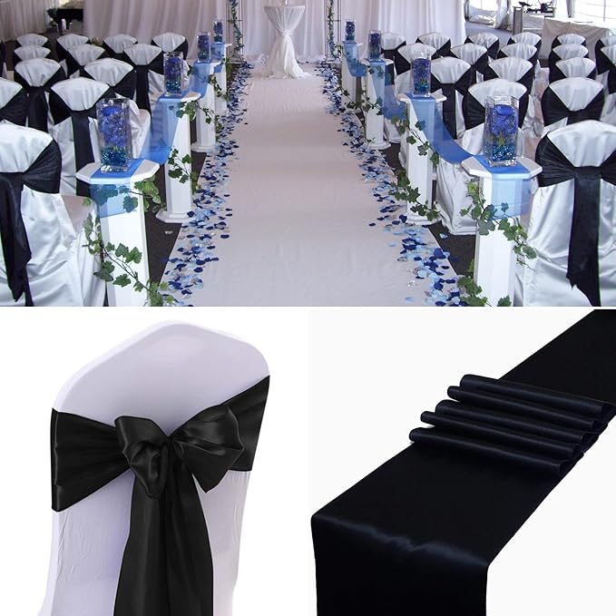 100 PCS Satin Chair Sashes Decorative Bow Satin Chair Sashes Ties Back Ribbon Bows Chairs Cover Band for Wedding Party Ceremony Reception Events Banquet Restaurant Home Kitchen Decor(7x108inch,Black)