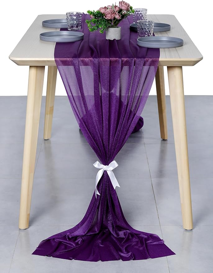 MDS 20 Pack 10ft Chiffon Table Runner 29 x 120 Inches Sheer Wedding Runner Romantic Rustic Table Runner for Wedding Decorations, Birthday Parties, Bridal Shower Party Arch Decor - Cadbury Purple