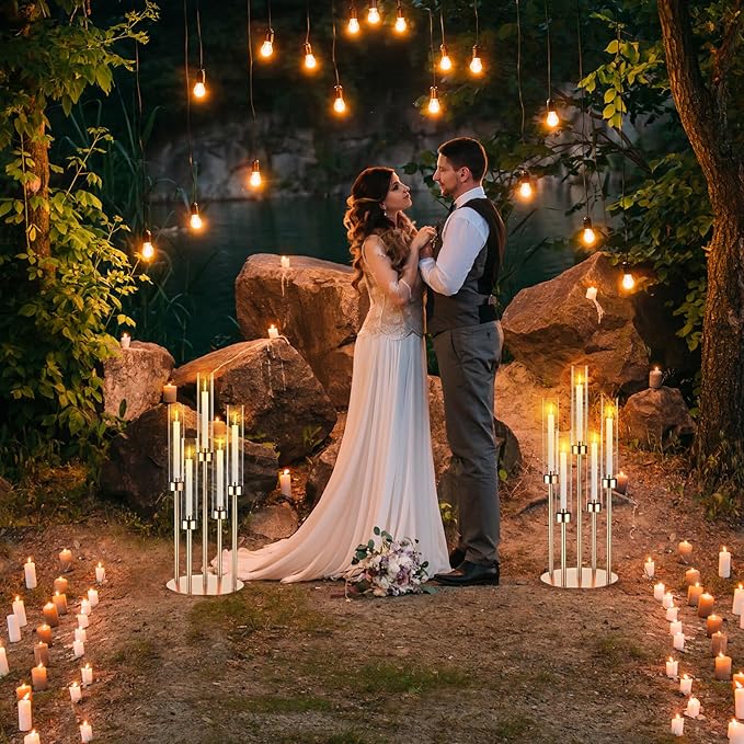 5 Arm Gold Candelabra Centerpieces for Table 4 Set Floor Candelabras Metal Candlestick for LED Candle 26'' Tall Candle Holders with Acrylic Lampshade for Wedding Party Fireplace