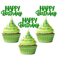 Gyufise 24 Pcs Happy Birthday Cupcake Toppers Glitter Cupcake Food Picks for Celebrating Theme Party Cake Decorations Supplies Green