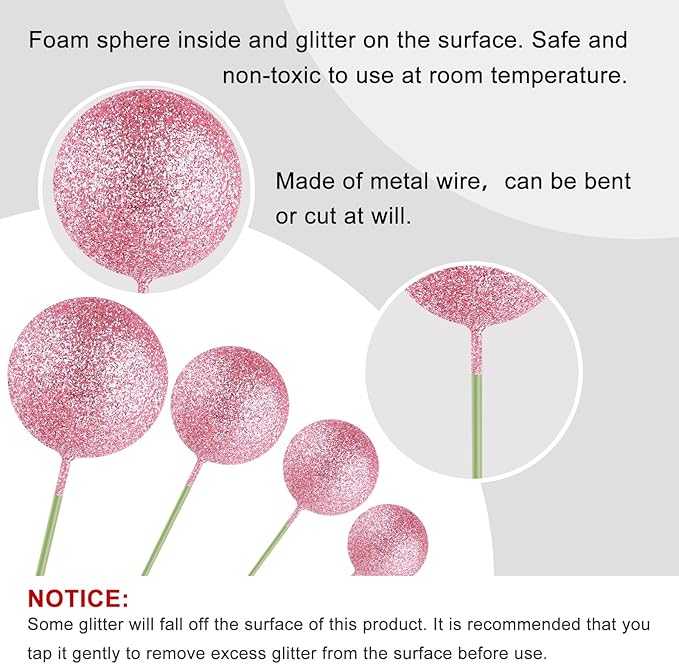 ASTARON 20 Pcs Mini Balloons Cake Topper Sticks Pink Glitter Balls Cake Picks for Wedding & Birthday