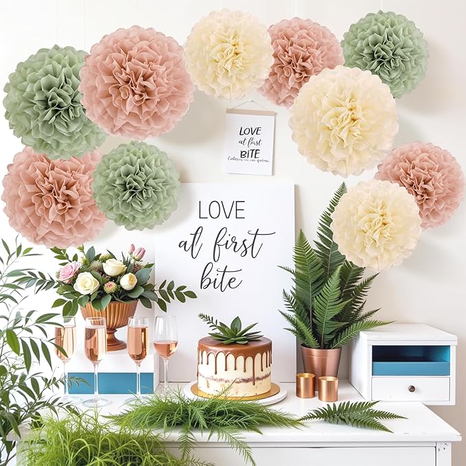 EASY JOY Sage Green Tissue Pom Poms Paper Flowers Decorations Natural Green Boho Hanging Décor for Safari Jungle Party Bridal Shower Baby Shower Home Decor Nursery Birthday Backdrop 15PCS