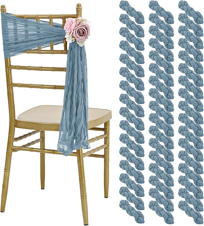 50 PCS Cheesecloth Chair Sashes, Bows Designed ChairSashes, 15.7x70 inch Chair Sashes for Aisle Decorations Universal Chairs Cover Decoration for Wedding Reception Party Banquet (Dusty Blue)