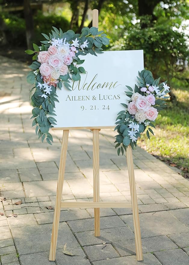 Artificial Pink Wedding Arch Flowers Swag Set of 2 for Welcome Signs, Reception and Ceremony Decorations, Cream Floral Decor, UD-002