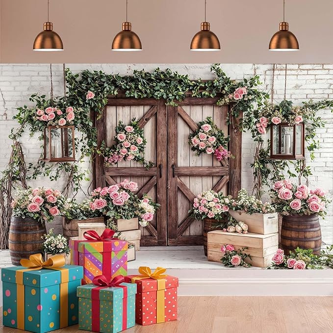 10x10ft Country Wedding Photography Backdrop Floral Rustic Roses Farmhouse Wooden Door Backdrop Pink Flower Birthday Baby Shower Wedding Bridal Party Banner Photo Booth Props Anniversary Background