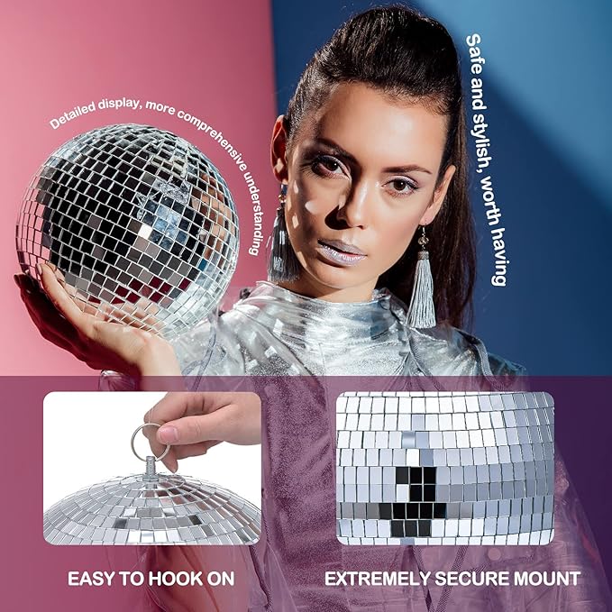 4 Pack Large Disco Balls Party Decoration Silver Hanging Reflective Mirror Ball Ornaments for Halloween Xmas Wedding Holiday Festival Club Stage