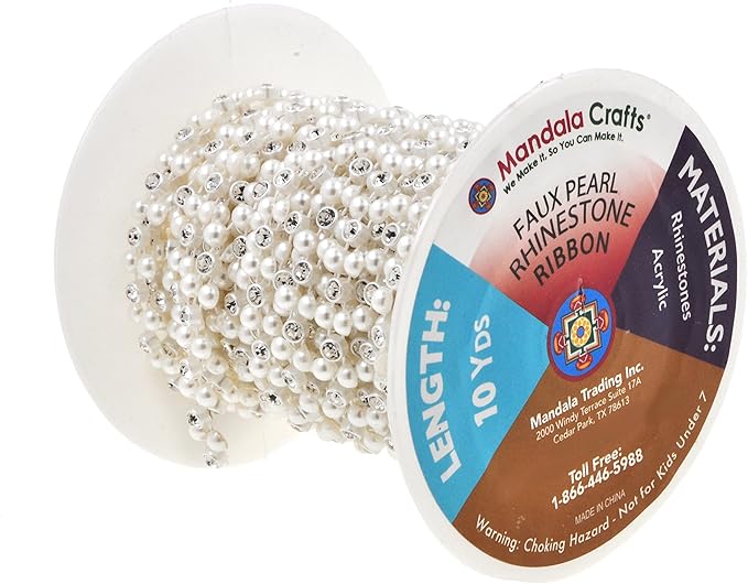 Mandala Crafts 0.25 Inch Crystal Faux White Pearl Beads Roll - 10 Yards Strand of Rhinestones Fake Pearls Chain Garlands Spool String for Christmas Tree, Wedding, Party, Vases, DIY Decoration