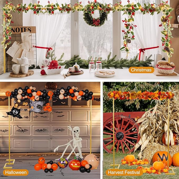 8.2FT Square Arch Backdrop Stand,Metal Gold Backdrop Stand Heavy Duty Adjustable,Extra 2 Clamps Change Over The Table Rod Stand,Wedding Balloon Arch Stand for Baby Shower Parties Decoration