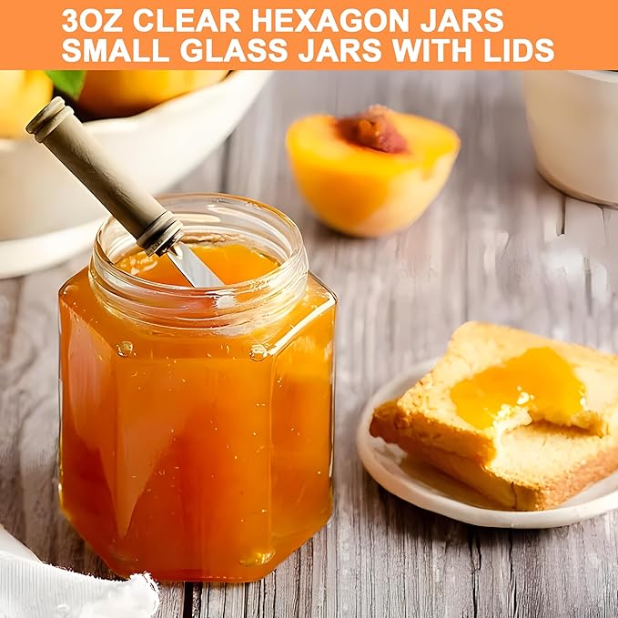 Small Glass Honey Jars with Lids 3oz,40 pack Airtight Glass Canning Jars with Gold Lids,Hexagon Glass Jars for Spice,Jam,Foods,Liquid,Baby Shower Favors,Wedding Favors,40 Labels