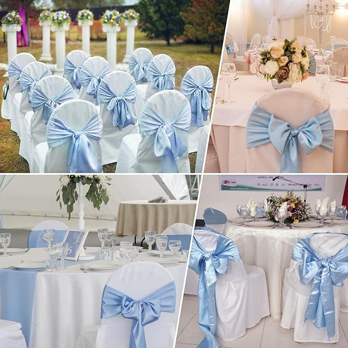 50 PCS Satin Chair Sashes Decorative Bow Chair Sashes Ties Back Ribbon Bows Seat Cover Band for Wedding Birthday Party Ceremony Reception Hotel Events Banquet Home Kitchen Decor(7x108inch,Baby Blue)