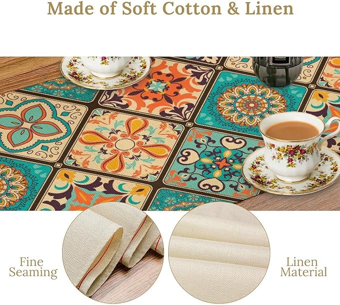 Bohemian Patchwork Table Runnerboho Colorful Tile Patchwork Indian Floral Print Table Runner for Home Kitchen Indoor Outdoor Party Wedding Decor, 13x90inch