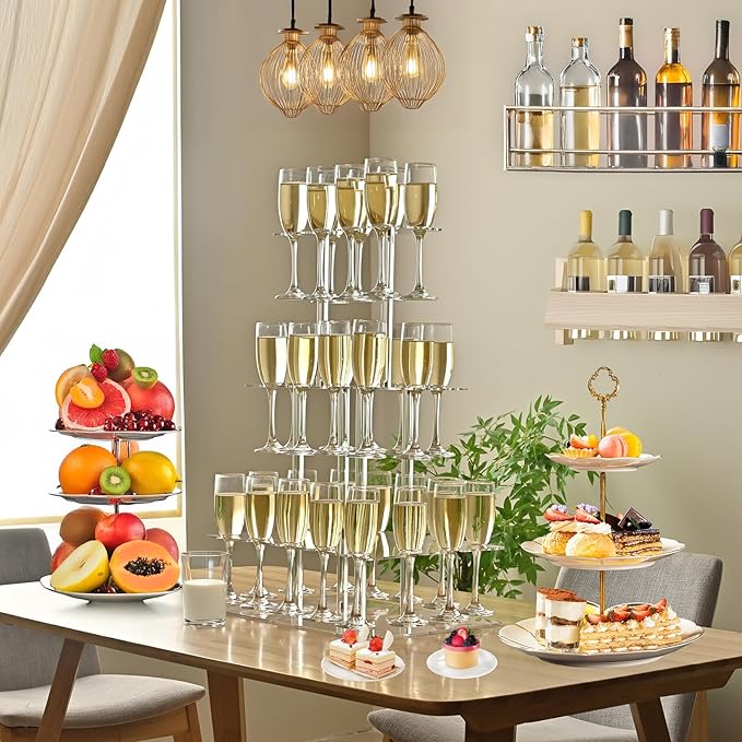 Champagne Tower, Rectangle Acrylic Champagne Display Rack Stand with 32 Slots, 3 Tier Floating Sight Champagne Flute Holder for Party, Wedding, School, Celebration, 17.3x11.8x25.5inch