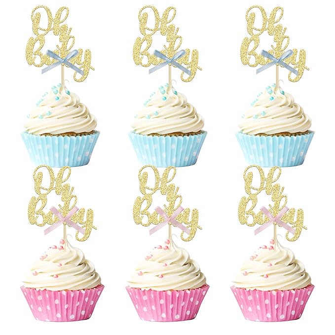 Gyufise 36Pcs Oh Baby Cupcake Toppers with Blue Pink Bowknot Gold Glitter Baby Shower Cupcake Picks Gender Reveal Cupcake Topper Decorations for Gender Reveal Baby Shower Kids Birthday Party Supplies