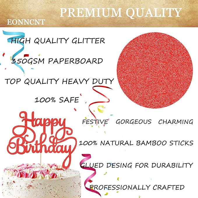 Happy Birthday Cake Topper - Red Glitter Birthday Party Cake Decoration Supplies - Happy Birthday Cake Decor, for Anniversary/Birthday Party Supplies Photo Booth Props