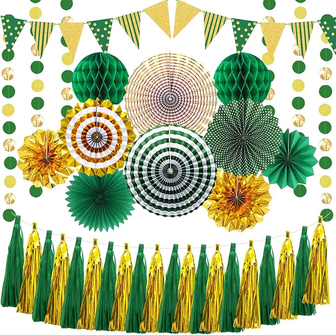 Paper Fans Party Decorations Glitter Paper Triangle Flag Pennant Banner Tassel Garland Circle Banners Party Supplies for Bachelorette, Birthday, Engagement Wedding, Baby Bridal Shower Green Gold