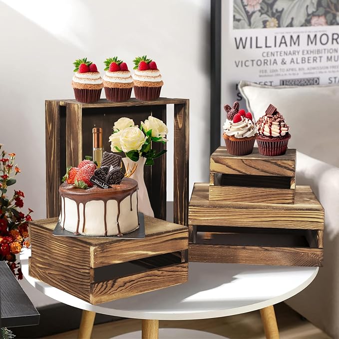 6 Pcs Buffet Risers with Mini Signs, Rustic Wood Cake Stands, Food Risers for Buffet Table, Dessert Display Stand, Wood Crates, Rustic Cake Stand for Party, Wedding, Birthday, Baby Shower, 3 Sizes